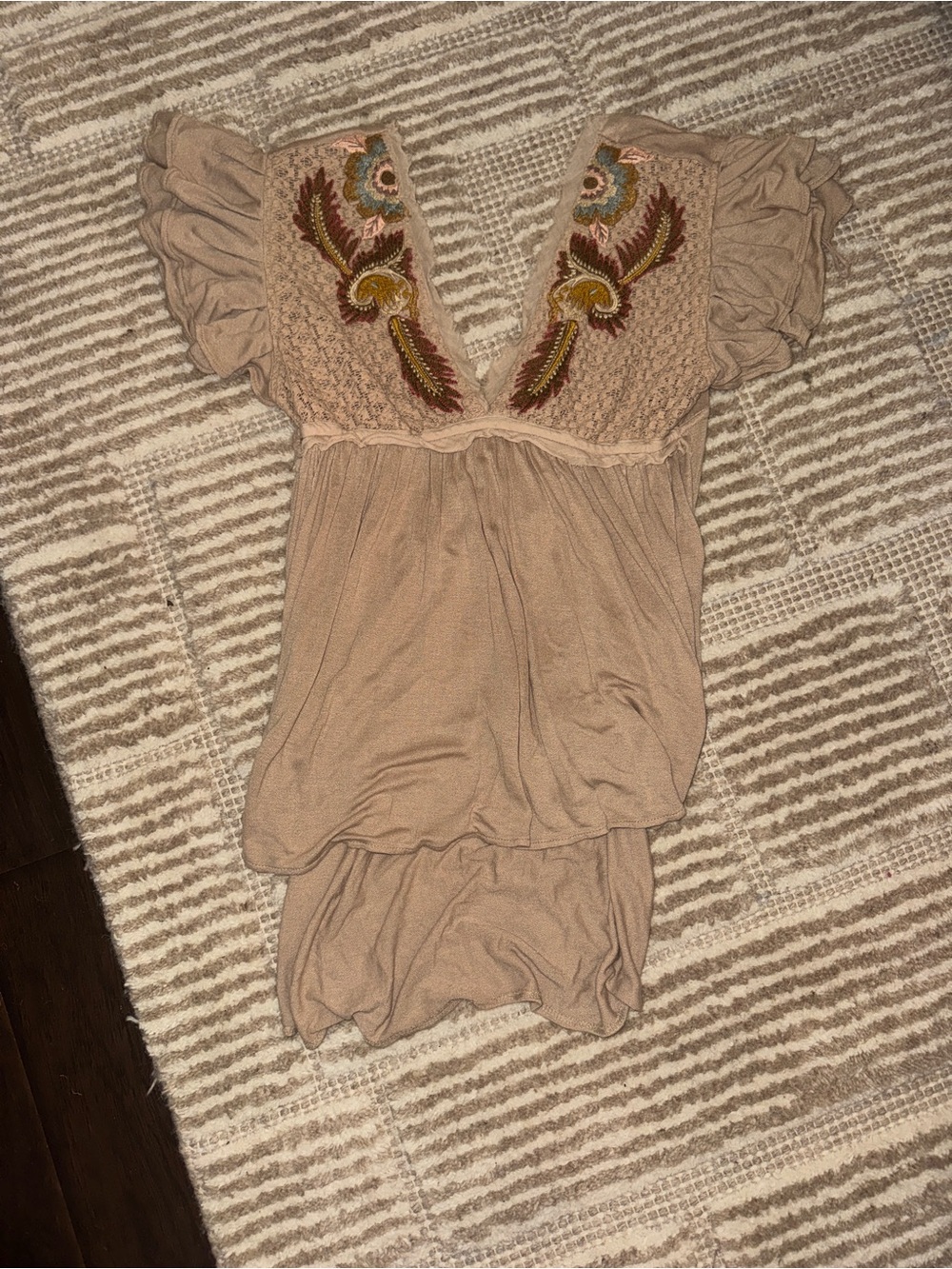 Free People Beige Embroidered V-Neck Blouse